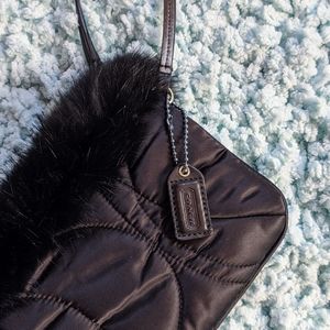 Coach satin fur wristlet bag black logo women